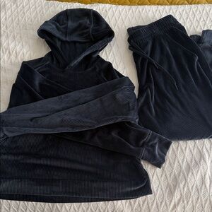 Dark Blue Ribbed Velour Hoodie and Jogger Set